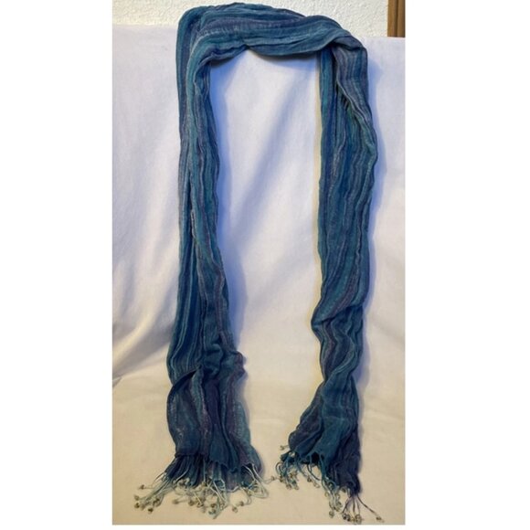 Nomadic Traders 70" x 30" Blue Green Striped Scarf Head Wrap Beaded Fringe - Picture 8 of 8